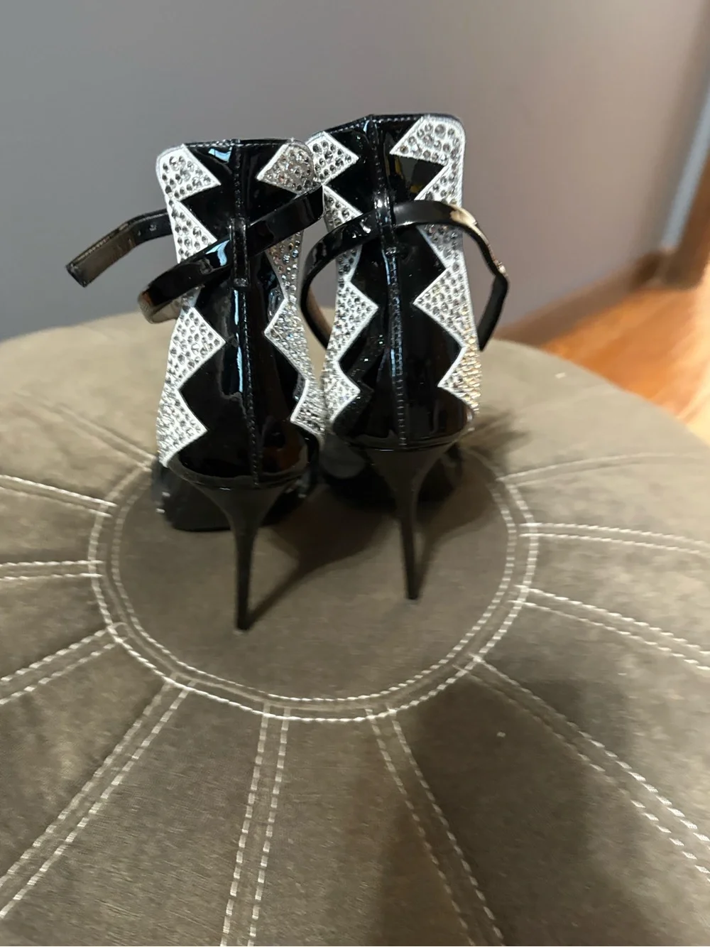 Giuseppe Zanotti Black Patent Stiletto Sandals with Crystal Lightning Detail